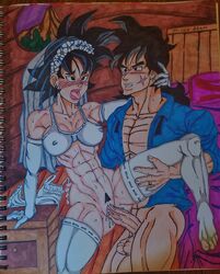 1girls alternative_universe bedroom big_penis black_hair blush cum cum_in_pussy dragon_ball dragon_ball_z female female_goku genderswap genderswap_(mtf) half_naked panting princeadam rule_63 saiyan son_goku stockings sweatdrop traditional_media_(artwork) vaginal_penetration wedding_dress wedding_lingerie wedding_night wedding_ring yamcha