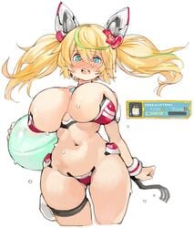 beach_ball bikini blonde_hair blue_eyes cat_ears curvy gene_(pso2) hourglass_figure huge_breasts phantasy_star_online_2 sachito sweat sweatdrop tail thick_thighs twintails wide_hips