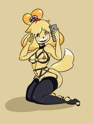 animal_crossing anthro bondage breasts chains isabelle_(animal_crossing) lingerie nintendo nipples pussy rethael smile year_request