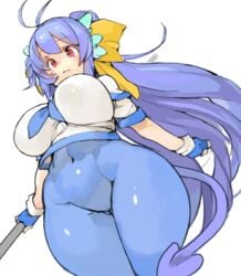 ahoge big_breasts character_request copyright_request curvy fingerless_gloves hair_ribbon looking_down navel ponytail purple_hair red_eyes sachito thick_thighs thighs wide_hips