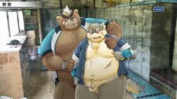 2017 anthro ashigara balls belly blush brown_body brown_fur canid canine canis domestic_dog duo fur genitals hi_res humanoid_genitalia humanoid_hands humanoid_penis male male/male mammal moobs moritaka mumimushu5 nipples overweight overweight_male penis tokyo_afterschool_summoners ursid video_games