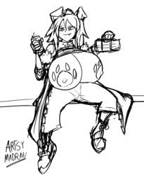 artsy_madraw big_breasts borrowed_character canine_humanoid clothing dog_ears drink exposed_breasts huge_breasts large_breasts lass_(matsu-sensei) monochrome oerba_yun_fang original_character pasties sketch