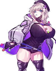 aa-12_(girls'_frontline) bags_under_eyes blue_eyes breasts candy cleavage female female_focus female_only girls'_frontline gloves grey_hair hat holding_candy holding_object huge_breasts jacket large_breasts leotard lolipop looking_at_viewer melon22 muscular muscular_female object_between_breasts short_hair thick_thighs thighhighs thighs