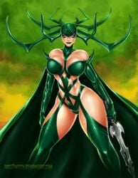 1girls alternate_breast_size ange1witch asgardian big_breasts big_thighs blue_eyes breasts female female_only goddess hela hourglass_figure marvel marvel_cinematic_universe mature_female solo solo_female solo_focus supervillain thick_thighs thighhighs thighs thor_(series)