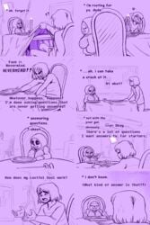 2:3 alternate_universe blush bodily_fluids bone clothing comic comic_(under(her)tail) english_text erection erection_under_clothing female frisk frisky_(under(her)tail) furniture hi_res human humanoid male mammal profanity sans shrug skeleton sweat sweatdrop table text thewill under(her)tail under_the_table undertale undertale_fanfiction video_games