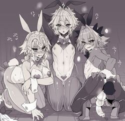 1girls 2boys astolfo_(fate) black_and_white bunny_ears censored fate/apocrypha fate/grand_order fate_(series) femboy haoro heels jeanne_d'arc_(fate) sieg_(fate/apocrypha) tagme trap