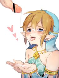 blush breath_of_the_wild catching_cum censored cum cum_on_hand drooling gerudo_link heart-shaped_pupils link link_(breath_of_the_wild) male_only nintendo seitaro the_legend_of_zelda tongue_out trap