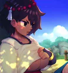 1girls 60fps ajna_(indivisible) animated areola areolae bajima_shouhei big_areola big_breasts big_nipples bouncing_breasts breasts breasts_out brown_areola brown_nipples dark-skinned_female dark_areola dark_eyes dark_hair dark_nipples dark_skin embarrassed erect_nipples flashing indivisible landscape nature nipples no_sound outdoors puffy_areola shirt_lift shorter_than_30_seconds solo sweatdrop underboob video