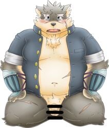 2018 anthro balls belly bodily_fluids canid canine canis censored clothing crying domestic_dog genitals hi_res humanoid_genitalia humanoid_hands humanoid_penis kemono male male_only mammal moobs moritaka mumimushu5 nipples overweight overweight_male penis scar shirt simple_background sitting solo tears tokyo_afterschool_summoners topwear video_games white_background