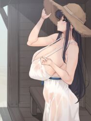 1girls black_hair breasts cleavage dress female female_only hat huge_breasts komi-san_wa_komyushou_desu komi_shouko large_breasts long_hair metal_owl no_bra see-through sundress tagme wet wet_clothes wide_brim_hat