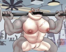 5_fingers amphibian anthro areola biceps big_muscles big_nipples body_hair bulge camel_toe ceiling_fan clenched_teeth closed_eyes detailed_background exercise facial_hair fingers genital_slit grey_body grey_skin gym huge_muscles inside male male_only moustache multicolored_body multicolored_skin muscles muscular muscular_anthro muscular_male navel nipple_outline nipples nude pecs pink_areola pink_nipples quads scar slit solo spikysketches teeth uncensored weightlifting white_body white_skin workout