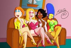 20th_century_fox 20th_century_studios 4girls american_dad black_hair blonde_hair blue_hair couch crossover curvaceous curvy curvy_female curvy_figure dark-skinned_female dark_skin donna_tubbs earrings elbow_gloves eyebrows_visible_through_hair eyeshadow family_guy female female_only fishnet fishnet_legwear fishnets francine_smith gloves green_leotard high_heels leotard light-skinned_female light_skin lipstick lois_griffin makeup marge_simpson mature_female milf multiple_girls necklace nurse nurse_uniform orange_hair painting pearl_necklace pink_leotard red_lipstick sitting source_request stockings strapless stripes swave18 the_cleveland_show the_simpsons yellow_body yellow_skin