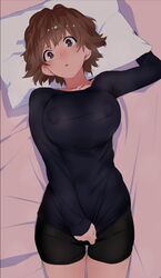 1girls brown_hair honda_mio huge_breasts idolmaster idolmaster_cinderella_girls kitou_sakeru nipples_visible_through_clothing on_back on_bed pajamas short solo