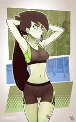 1girls armpits arms_up athletic bike_shorts black_hair disney disney_channel female female_only fenixman12 green_eyes green_skin kim_possible ponytail shego solo sports_bra sportswear tagme