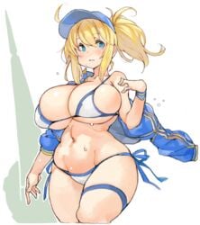 1girls artoria_pendragon baseball_cap big_breasts bikini blonde_female blonde_hair blue_eyes curvy fate/grand_order fate_(series) hat midriff mysterious_heroine_xx_(foreigner) navel ponytail sachito sweat thick_thighs thighs wide_hips