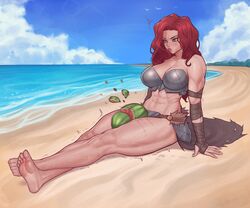 1girls abs absurdres asura_(artist) beach between_thighs blue_eyes breaking_watermelon_with_thighs breasts cleavage clothed female female_only highres large_breasts melon muscles muscular muscular_female muscular_thighs red_hair sand solo solo_female thick_thighs thin_waist vanadey_whiteflame_(garren) water watermelon watermelon_crushing