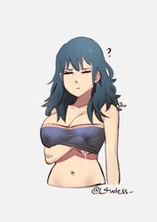 1girls blue_hair breast_grab byleth_(fire_emblem) byleth_(fire_emblem)_(female) cleavage closed_eyes fire_emblem fire_emblem:_three_houses fondling_breast frown l4wless lactation large_breasts masturbation nintendo solo sports_bra