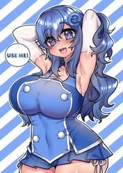 1girls 2018 armpits arms_behind_head arms_up bangs blue_eyes blue_hair blush borrowed_character breasts covered_navel cowboy_shot curvy elbow_gloves english_text eyebrows_visible_through_hair female female_only gloves hair_between_eyes hair_ornament heart heart-shaped_pupils highres huge_breasts internet_explorer internet_explorer-tan internet_explorer_chan long_hair looking_at_viewer microskirt open_mouth original os-tan osiimi personification site-tan skirt sleeveless smile solo speech_bubble striped striped_background symbol-shaped_pupils teeth text thick_thighs thighs tongue white_gloves