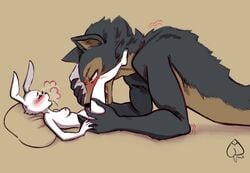 anthro anthro_on_anthro beastars blush breasts breath canid canine canis cunnilingus domestic_rabbit duo dwarf_rabbit female fur grey_body grey_fur haru_(beastars) hi_res interspecies lagomorph larger_male leg_grab legoshi_(beastars) leporid looking_pleasured lying male mammal neurithforge nude on_back oral oryctolagus panting predator/prey rabbit sex side_view size_difference smaller_female straight vaginal_penetration white_body white_fur wolf