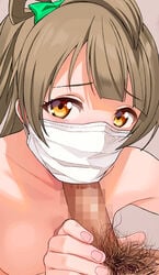 1boy a1 bangs bow brown_hair eyebrows_visible_through_hair fellatio fellatio_under_mask female green_bow hair_ornament hairbow long_hair looking_at_viewer love_live! love_live!_school_idol_project mask minami_kotori mouth_mask nude oral orange_eyes penis pubic_hair surgical_mask