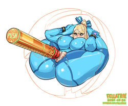 1girls big_breasts breasts cleavage erect_nipples fellatrix large_breasts metroid nintendo nipples pussy pussy_juice samus_aran spread_legs thick_thighs wide_hips zero_suit zero_suit_samus