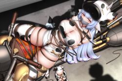 arms_behind_back blue_hair bondage cow_ears cow_hat cow_print cow_tail crotch_rope female gag gagged granblue_fantasy highres horn motorcycle panties plusout rope_bondage shadow shatola_(granblue_fantasy) shorts tape_gag thighhighs yellow_eyes