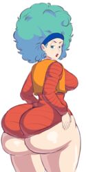 1girls 2019 afro ass big_ass blue_eyes blue_hair bottom_heavy breasts bulma_(afro) bulma_briefs clothed dragon_ball dragon_ball_z dress favorite female female_only huge_ass light-skinned_female lipstick looking_back simoncrips simple_background solo solo_focus thick_thighs tight_clothing voluptuous white_background wide_hips