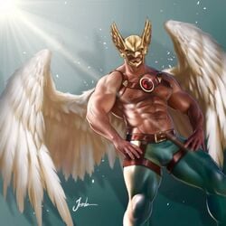 1boy armor bulge dc harness hawkman jorden_arts justice_league justice_society_of_america male male_only muscular outdoors solo solo_focus superhero wings