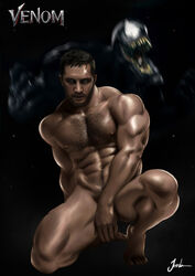 1boy abs alien bara beard biceps big_pecs black_background black_hair black_skin body_hair celebrity chest_hair covering_penis eddie_brock eye_contact facial_hair feet gay hairy hairy_chest hairy_male human jorden_arts light-skinned_male light_skin looking_at_viewer male male_chest male_focus male_nipples male_only marvel mouth_open muscle muscles muscular muscular_male navel nipples nude nude_male open_mouth pecs pectorals pose pubic_hair six_pack solo_focus source_request spider-man_(series) squatting teeth text thick_thighs toes tom_hardy toned toned_body toned_male venom_(marvel) watermark white_eyes yaoi