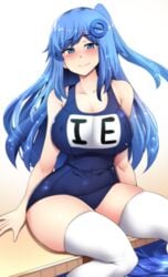 1girls 2020 arm_support bangs bare_arms bare_shoulders blue_eyes blue_hair blue_theme blush breasts cleavage collarbone curvy cute eyebrows_visible_through_hair female female_only half-closed_eyes highres hinghoi internet_explorer internet_explorer-tan internet_explorer_chan large_breasts long_hair looking_at_viewer nipple_bulge one-piece_swimsuit one_side_up original os-tan personification pool school_swimsuit shiny shiny_hair shiny_skin site-tan sitting smile soaking_feet solo swimsuit thick_thighs thighhighs thighs water white_background white_legwear zettai_ryouiki