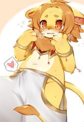 2020 anthro blush bracelet brown_eyes bulge ear_piercing embarrassed erection felid fur hair heart jewelry kemono lion male male_only mammal mofuaki orange_hair pantherine piercing solo tenting yellow_body yellow_fur