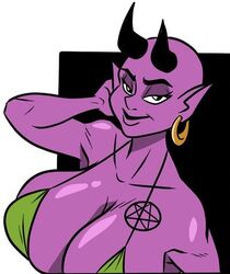 1girls bald big_breasts black_eyes bra breasts busty demon demon_girl female golden_earrings hand_behind_head horn perky_breasts pink_skin pointy_ears smile wappah