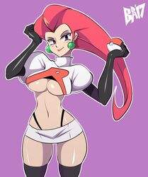 1girls 2017 alternate_breast_size belly big_breasts bigdeadalive black_panties breasts cleavage clothed clothes dated earrings elbow_gloves eye_contact female female_only gloves human jessie_(pokemon) large_breasts latex latex_gloves lipstick looking_at_viewer looking_away midriff miniskirt navel nintendo panties pokemon pokemon_rgby purple_background purple_eyes red_hair red_lipstick revealing_clothes shiny_skin skirt smile solo source_request standing team_rocket text thick_thighs thigh_gap thighhighs thin_waist underboob watermark white_border wide_hips