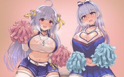 2girls areola azur_lane cheerleader cum cygnet_(azur_lane) dido_(azur_lane) female_only no_bra see_through thighhighs upanishi wet wet_clothes