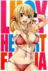 big_breasts blonde_hair bow brown_eyes fairy_tail female female_only half_naked lucy_heartfilia mashima_hiro patch pendant pointing_at_viewer smile solo swimsuit