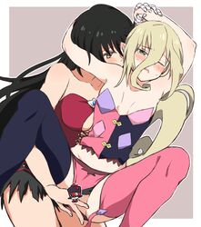 2girls absurdres bare_shoulders black_hair black_legwear blonde_hair blush breasts censored collarbone ear_blush green_eyes hair_between_eyes highres index_finger_raised long_hair looking_at_another magilou_(tales) medium_breasts midriff miiii mismatched_legwear multiple_girls novelty_censor one_eye_closed pink_legwear pointy_ears tales_of_(series) tales_of_berseria thighhighs velvet_crowe yellow_eyes yuri