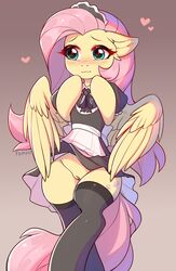 1girls 2020 clothed clothing cutie_mark digital_media_(artwork) equid equine eyebrows eyelashes feathered_wings feathers female female_only fensu-san fluttershy_(mlp) friendship_is_magic front_view furry genitals gradient_background heart hi_res legwear mammal my_little_pony pegasus pussy simple_background solo straight_hair wings