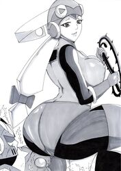 1boy 1girls artist_request ass big_ass big_breasts black_and_white breasts capcom clothed larger_female mega_man mega_man_battle_network mega_man_x rockman rockman_exe rockman_x roll.exe straight zero_(mega_man)