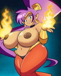 1girls alternate_version_available arabian_clothes bare_shoulders big_breasts blue_eyes bracer breasts busty casual_exposure cleavage curvy dark-skinned_female dark_skin ear_piercing earrings erect_nipple erect_nipples eyelashes female female_only flame front_view genie grimphantom half-dressed half_dressed harem_outfit harem_pants hourglass_figure humanoid long_hair looking_at_viewer nipples no_bra piercing pointy_ears ponytail purple_hair shantae shantae_(character) shiny shiny_skin simple_background smiling smooth_skin solo standing thick_thighs thong tiara topless very_long_hair video_game video_games voluptuous wide_hips