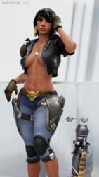 3d abs aviator_pharah black_eyes black_hair blender dark-skinned_female dark_skin female gloves hair_ornament high_resolution jacket jeans leaning_on_object leather leather_jacket looking_away muscle muscular_female navel navel_piercing overwatch pharah pharah-best-girl piercing rocket_launcher sunglasses sunglasses_on_head weapon