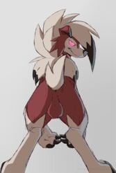 1boy 2:3 anthro anthrofied anus ass azzai canine claws digital_media_(artwork) eye_contact fur furry glowing glowing_eyes half-closed_eyes looking_at_viewer lycanroc male male_only mammal midnight_lycanroc nintendo pink_eyes pink_sclera pokémon_(species) pokemon pokemon_sm red_body red_fur sketch smile solo testicles video_games white_body white_fur