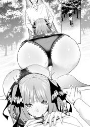 1girls ass ass_focus blowjob blush embarrassed go-toubun_no_hanayome hair_ribbon kosmos_beta monochrome nakano_nino pov tagme