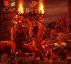 2020 3girls alien anthro ass bent_over big_ass breasts demon doom doom_eternal eye_contact female fire glowing glowing_eyes hell hi_res huge_breasts id_software imp_(doom) looking_at_viewer multiple_girls patreon pose pussy rinny rule_63 sharp_teeth squatting standing teeth text thick_thighs video_games watermark wide_hips