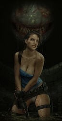 1girls areola breasts brown_hair cleavage clothing curvy female female_only human hunter_gamma jill_valentine jill_valentine_(sasha_zotova) large_breasts monster ninjartist panties realistic resident_evil resident_evil_3 resident_evil_3_remake scar skirt skirt_lift sweat torn_clothes uncensored