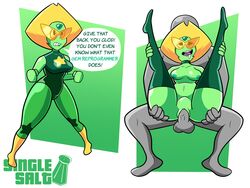 alien blonde_hair bodysuit bottomless breasts dazed drool empty_eyes female femsub gem_(species) green_skin hypnosis instant_loss maledom mind_control nude open_mouth penis peridot_(steven_universe) sex short_hair singlesalt smile steven_universe tech_control text thighhighs topless vaginal_penetration