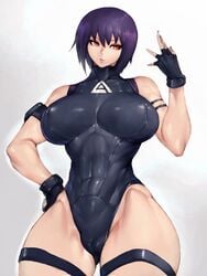 big_breasts female female_only fumio_(rsqkr) ghost_in_the_shell ghost_in_the_shell_sac_2045 kusanagi_motoko leotard nipples nipples_visible_through_clothing purple_hair short_hair solo solo_female solo_focus thunder_thighs