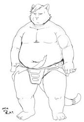 2012 anthro balls barely_visible_balls barely_visible_genitalia belly felid feline genitals humanoid_hands iwano japanese_text kemono male male_only mammal monochrome navel overweight overweight_male simple_background solo text white_background