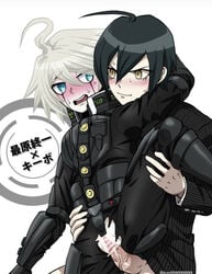 1boy 1cuntboy arm_around_neck black_clothing black_hat blue_eyes blush brown_eyes clothed clothed_sex cuntboy danganronpa danganronpa_v3 dark_blue_hair from_behind from_behind_position fully_clothed gay grabbing_leg hand_on_hip hat holding_leg intersex kiibo looking_at_another male mouth_open pale_skin robot robot_humanoid saihara_shuuichi shimozuki_kitsune smile smirk smirking spread_legs standing standing_on_one_leg standing_sex straight_hair sweat sweatdrop sweating vaginal_penetration veiny_penis white_hair