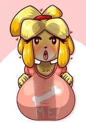 animal_crossing anthro blush fuck-me_shirt fur furry heart huge_breasts huge_cock imminent_sex inviting isabelle_(animal_crossing) limebreaker nintendo open_mouth penis_awe penis_shadow sexually_suggestive tagme tongue_out yellow_fur