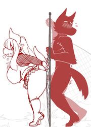 anthro blush boots bottomwear breasts canid canine canis clothing dragon duo ear_piercing female female_penetrated fence footwear gauged_ear hair horn iriedono long_hair male male_penetrating male_penetrating_female mammal miller_(iriedono) penetration piercing sex sketch skirt straight wolf